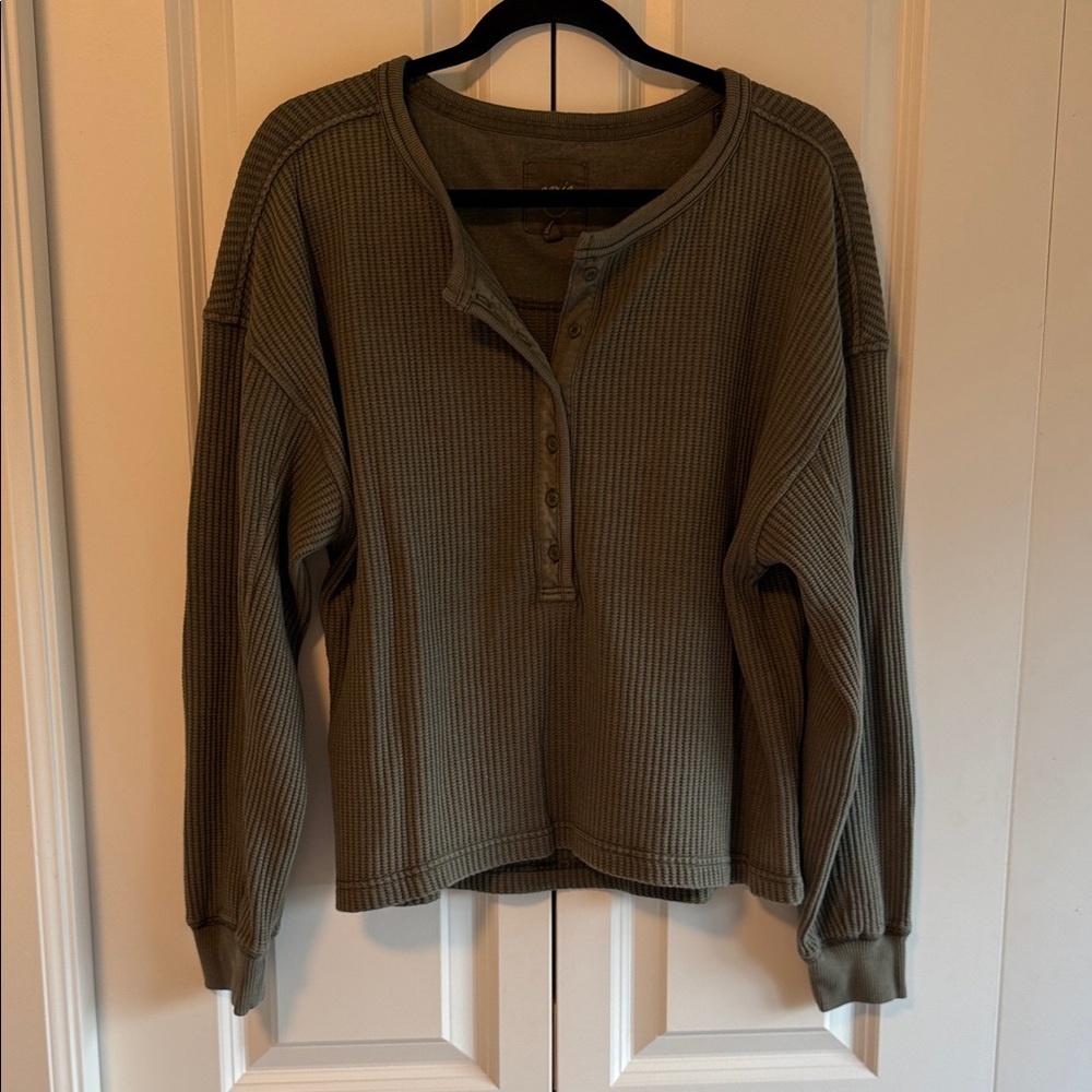 Aerie Waffle Henley Sweatshirt, Olive Green - Picture 2 of 4